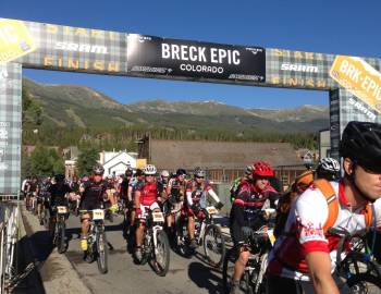 pic of bikers at the starting line of the Breck Epic race in Breckenridge.