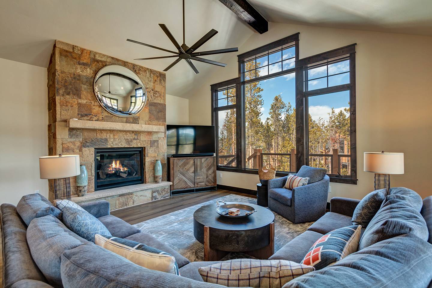 Fireplace, views, and furnishings at Langdale Cabin in Breckenridge.